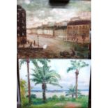 Two 20th century oils, of a street scene and palm trees, both unframed.