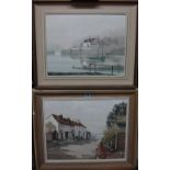 ** Giffin (20th century), Harbour scene; Village by the sea, two, oil on canvasboard, both signed,