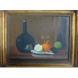 Owen Ramsay (20th century), Still life of apple, orange and wine bottle, oil on canvas,