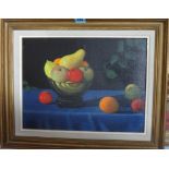 Owen Ramsay (20th century), Still life of fruit on a blue table cloth, oil on canvas,