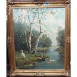 H. v. Wagens, River scene with ducks and ducklings, oil on canvas, signed.