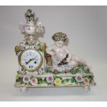 A Meissen style porcelain figural mantel clock, late 19th century,