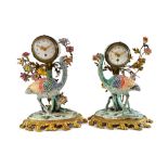 A pair of Chantilly style porcelain and ormolu mantel clocks, late 19th/early 20th century,