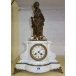 A Napoleon III bronze and white marble striking mantel clock by 'H.