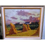 English school, 20th century, Harvest landscape at sunset, oil on board,