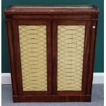 A Regency mahogany side cabinet, the brass galleried top over a pair of grille doors,