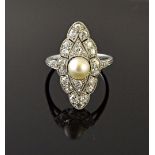 A diamond and cultured pearl ring, in a marquise shaped cluster design,