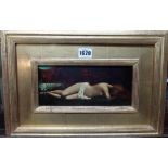 After Jean Jacques Henner, Reclining nude, oil on board, 10cm x 22cm.