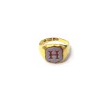 A Victorian 18ct gold and sardonyx set shield shaped signet ring, engraved with the initial 'H',