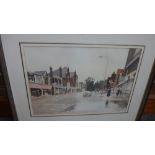 John Yardley (b.1933), Street scene in rain, watercolour, signed and dated 1979, 31cm x 45cm.