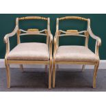 A pair of Regency style cream painted parcel gilt open armchairs on sabre supports.