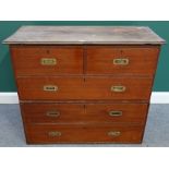 A 19th century mahogany two part campaign chest of two short and three long drawers,