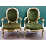 A set of six Louis XVI green and cream painted fauteuils,