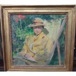 Douglas Stannus Gray (1890-1959), Kathleen in yellow in the garden, oil on panel, signed,