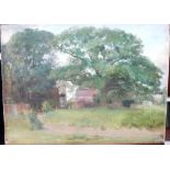 Douglas Stannus Gray (1890-1959), Trees and farm buildings, Wanborough, oil on canvas, unframed,