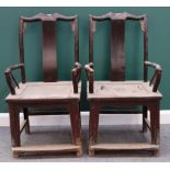 A pair of late 19th/early 20th century Chinese hardwood yoke back chairs,