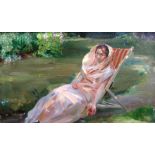 Douglas Stannus Gray (1890-1959), Lady reclining in a garden, oil on canvas, 42cm x 72cm.