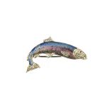 A white gold, enamelled and diamond set brooch, designed as a fish, the body enamelled,