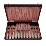 Victorian and later plated wares, comprising; a set of six pairs of fish knives and forks,