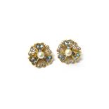 A pair of 18ct gold, aquamarine, diamond and cultured pearl set earclips,