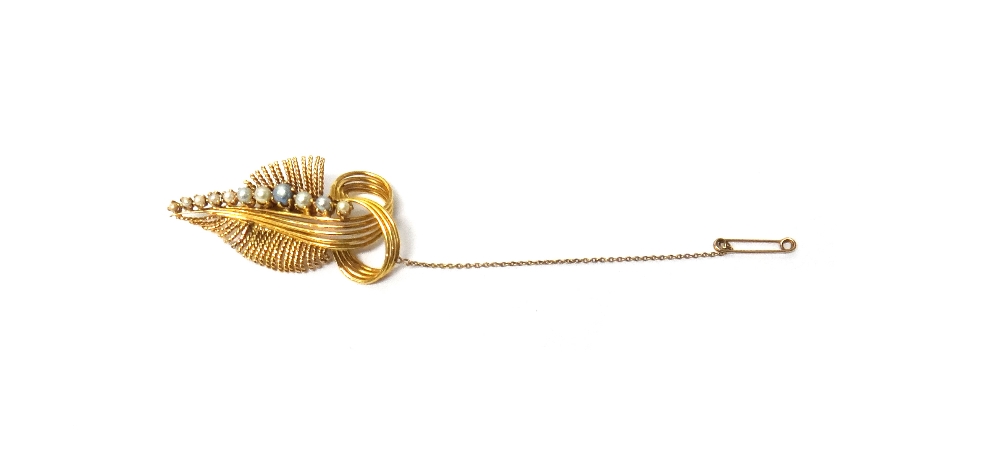 A gold and cultured pearl set brooch, designed as a wirework spray,