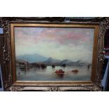 Follower of James Webb, Lake scene with figures in a boat, oil on canvas,