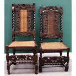 Two similar 17th century stained beech side chairs with barley-twist supports.