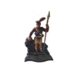 A Victorian polychrome painted cast iron flat back door stop cast as a Highland Soldier, 39cm high,