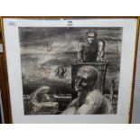 British School (20th century), A figure in the dock, lithograph, 54cm x 58cm.