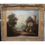 English School (19th century), A traveller near a ruined church in a lake landscape, oil on canvas,