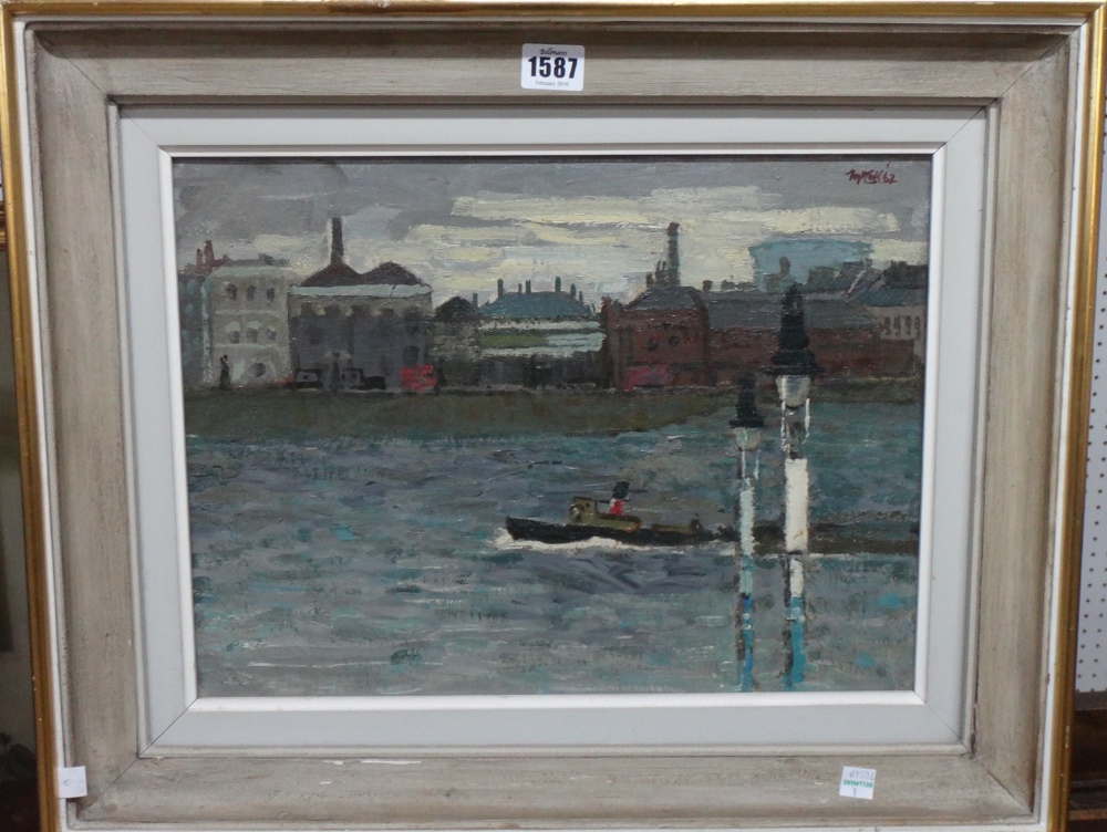 Charles McCall (1907-1989), The Thames, Millbank, oil on canvas, signed abd dated '62, 29cm x 39.