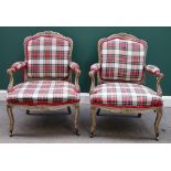 A pair of Louis XV style grey painted tartan upholstered fauteuils,