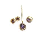 A 9ct gold, amethyst and cultured pearl set oval pendant,