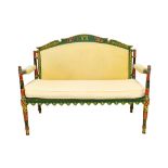 An early 20th century Indian polychrome painted open arm sofa on tapering turned supports,