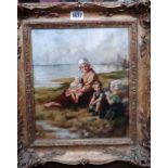 J**H** (late 19th century), Mother and children on a beach, oil on canvas, signed with initials, 29.