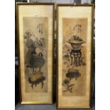 A pair of Chinese paintings, 20th century, watercolour on silk, painted with vases,