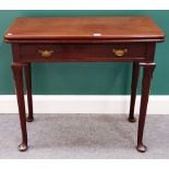 A mid 18th century mahogany tea table with frieze drawer on pad feet, 79cm wide.