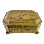 A Chinese gilt chinoiserie lacquer workbox, circa 1900, of canted rectangular form,