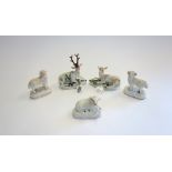 A pair of Derby porcelain stag and deer, circa 1765, 11cm high, together with a pearlware figure,