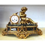 A French gilt bronze and marble mantel clock, circa 1880, with green marble base and inset panels,