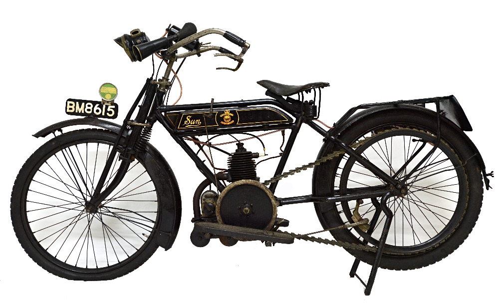 A 1920 Sun 250cc, black. V.M.C.C. document states '1916 Sun Villters 2 stroke single speed'.