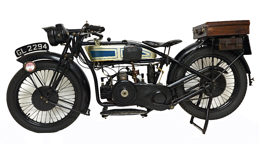 A 1926 Douglas E.W. 350, silver and blue, last MOT 2007. Registration: GL 2294.