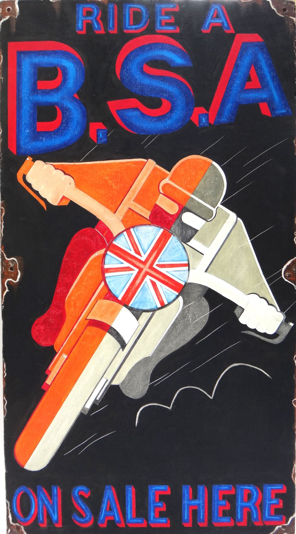 A 20th century reproduction on wood of an early BSA motorbike advertising sign,