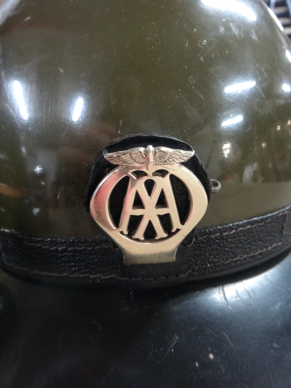 A mid 20th century 'AA' green motorcycle helmet, with 'AA' badge to the front. - Image 2 of 3