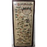 A 20th century framed and glazed reprint of 'Pratts Great North Road Map', 36cm wide x 87cm high.