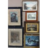 A group of six pictures, including a gouache of a leaping swordfish by Nino Gagliardi,