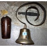 A leather cased silver plated and glass spirit flask, and a bronze bell on an iron bracket.