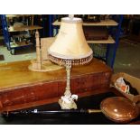 A 20th century table lamp with gilt decoration together with a 19th century copper warming pan, (2).