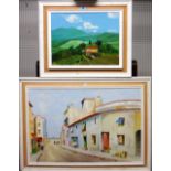 Two 20th century oils, depicting a French or Italianate landscape and a street scene.