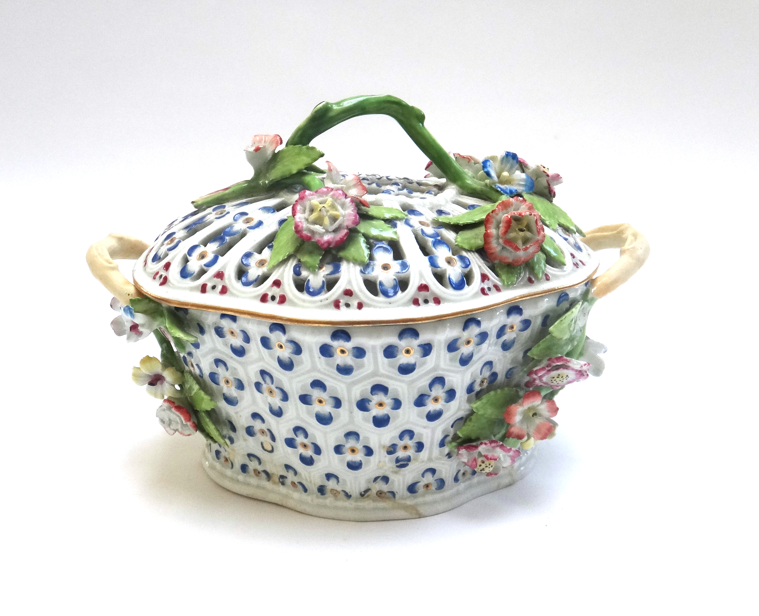 A Worcester porcelain basket and pierced cover, circa 1765,